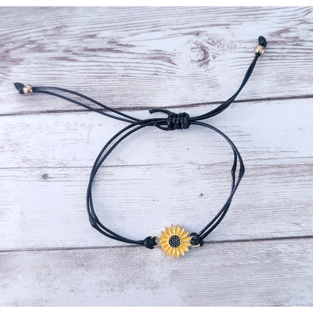 Adjustable Black Cord Bracelet with Sunflower Charm